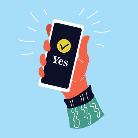 Hand holding a smartphone on isolated background. Notification of acceptance message on mobile phone. Vector illustration. Flat cartoon design for web banners, 
websites, and infographics.のイラスト素材