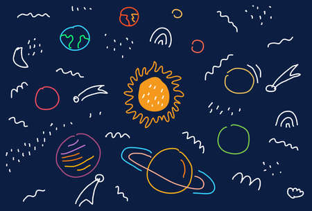 Space flat vector background with Planets, moon, Jupiter, satellite and stars. 
Hand drawing cartoon Illustration of a space Doodle. Vector illustration.のイラスト素材