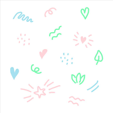 Nice doodle elements wave, dot, star, heart for children overlay set. 
Baby photo album elements. White isolated background.のイラスト素材