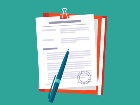 Contract papers. Document with approval stamp. Folder with pen. 
Business Vector icons on isolated background. Stack of agreements document.のイラスト素材