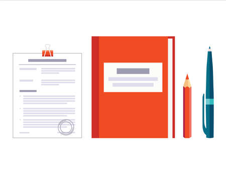 Contract papers. Document with approval stamp. Folder with pen and pencil. Business Vector icons on isolated background. Stack of agreements document.のイラスト素材