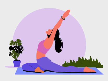 Young woman sits in a Yoga Pose and meditates. The girl doing the stretching exercises at home. 
Physical practice.
Vector flat illustration.のイラスト素材
