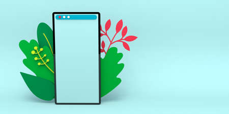 Smartphone with blank screen and decoration leaves. Template for infographics or presentation UI design interface, online shopping, sale, delivery, chat. 3d rendering illustrationの写真素材