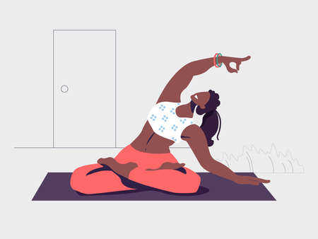 Young woman sits in a Yoga Pose and meditates. The girl doing the stretching exercises at home. 
Physical practice. Vector flat illustration.のイラスト素材