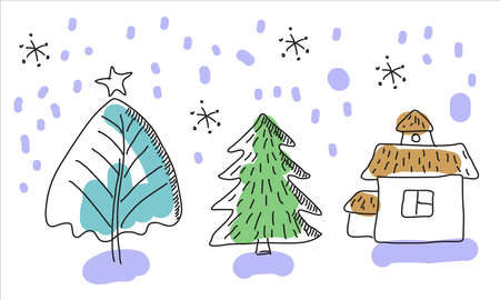 Doodle, hand drawn Christmas and New year with a Christmas tree, Christmas Eve, house, snowflake. Modern Christmas design for greeting 
cards, banners and posters.のイラスト素材