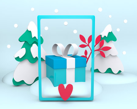 Blogger Phone taking photo of the Gift on a blue background with Christmas tree. Festive gift box for Christmas, 
New Year. Social media design for greeting cards, banners and blogs. 3D renderingの写真素材