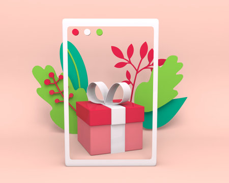Blogger Phone taking photo of the holiday Gift on a pink background for blog. Festive gift box for holiday, 
Happy birthday. Social media design for greeting cards, banners and blogs. 3D renderingの写真素材