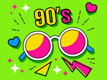 Neon retro round sunglasses collection 90s. Women's and men's accessory from 80s. Optics, lens, vintage, 
trend. Vector illustration.のイラスト素材