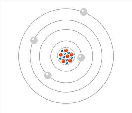 Vector science model of Atom. Around the atom, gamma waves, protons, neutrons and electrons. 
Vector icon of atom molecule on isolated background.のイラスト素材