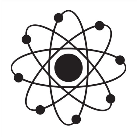 Vector science model of Atom. Around the atom, gamma waves, protons, neutrons and electrons. 
Vector icon of atom molecule on isolated background.のイラスト素材