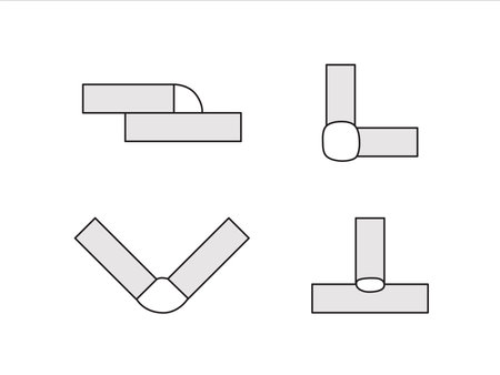 Welding of different types of connections. T-welded, perpendicular, parallel connections
of steel sheets.  Welding seam on the aluminum pipe part. Vector flat illustration.のイラスト素材