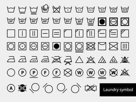Laundry Symbols. Set of icons for washing. Full icon set of laundry symbols, 
hand wash, washing machine, label, iron, caring. Vector illustration.のイラスト素材
