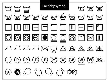 Laundry Symbols. Set of icons for washing. Full icon set of laundry symbols, 
hand wash, washing machine, label, iron, caring. Vector illustration.のイラスト素材