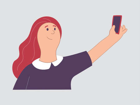 Woman blogger making photo selfie  for blog. Cute girl with smartphone camera making 
video call. Social media. Vector cartoon illustration for web banners, websites, 
and infographics.のイラスト素材