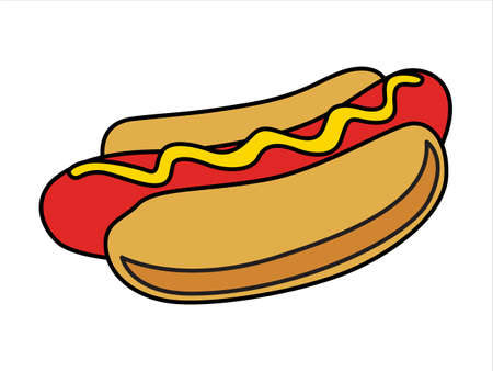 American Hot dog - fried sausage in a bun with sauces. Fast food meal. 
Vector illustration. Flat cartoon.のイラスト素材