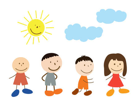 Cute cartoon kid walks. Drawing sketch. Vector illustration Isolated on white backgroundのイラスト素材