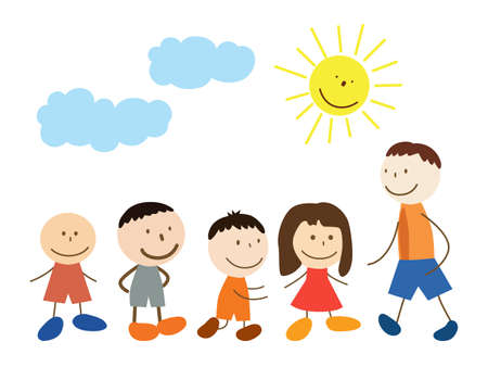 Cute cartoon kid walks. Drawing sketch. Vector illustration Isolated on white backgroundのイラスト素材
