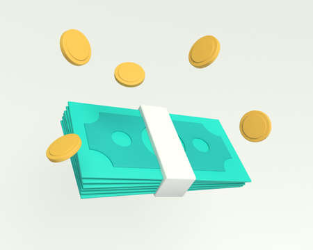 Bundles cash and floating coins around. Dollar icon. 3D render illustrationの写真素材