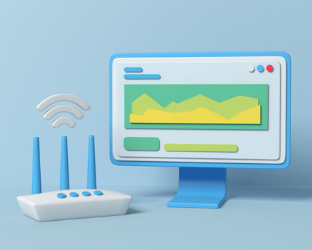 Computer with a router and WiFi symbol. Monitor with information and a data diagram.
The Concept of wireless communication. 3d rendering illustration.の写真素材