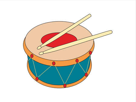Blue Drum and wooden drumsticks. Musical instrument. Musical instrument, drum machine. 
Flat Vector illustration isolated on a white background.のイラスト素材