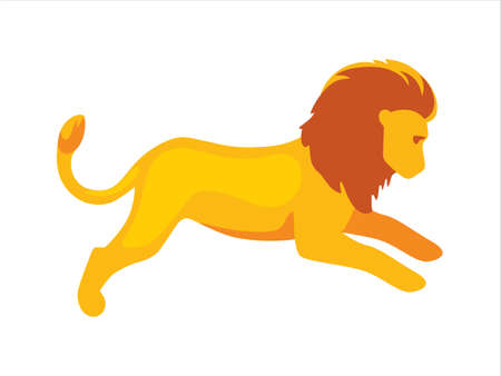 Cute lion in a modern flat style. Lion runs in a jump for icon. Cartoon Children's Vector Illustration Isolated 
on a white background.のイラスト素材