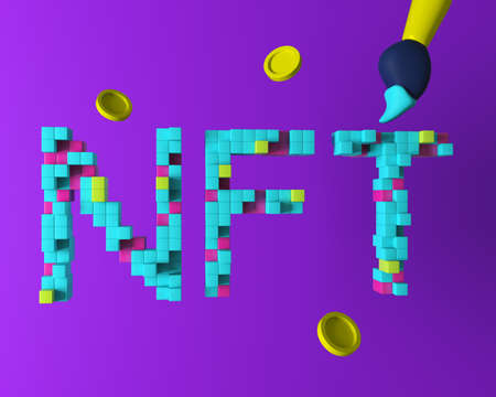 NFT non-fungible tokens for crypto art. Chip Pay unique collectibles in games or art. NFT crypto art 
collectibles concept. 3d rendering illustration.の写真素材