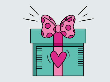 Green gift box with a bow and a heart, isolated on the background. 
Vector festive illustration for gift Banners, 
Birthday, Valentine's Day, Weddingのイラスト素材