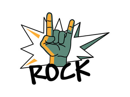 Vector cartoon hand shows a goat gesture with text Rock. Rock symbol on background stars. 
Concept of coolness. Cool, party, respect, communication icon. Vector illustration.のイラスト素材