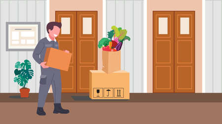 Delivery Service and apartment relocation. Vector residential Corridor with doors. Interior of the 1st floor Hallway. 
Vector illustration of cartoon room or hallway for backgroundのイラスト素材