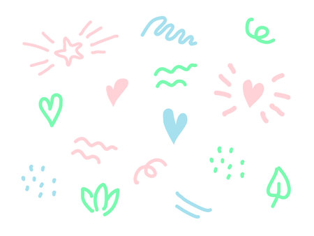 Nice doodle pattern. Elements wave, dot, star, Heart for children overlay set. 
Baby photo album elements. Vector illustration on isolated background.のイラスト素材
