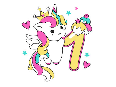 Cute unicorn collection in kawaii style with number One. Happy birthday concept for one month or one year. 
Vector illustration with a character for a greeting card, T-shirt, photo album, childhood, holidayのイラスト素材