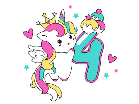 Cute unicorn collection in kawaii style with number four. Happy birthday concept for one month or one year. 
Vector illustration with a character for a greeting card, T-shirt, photo album, childhood, holidayのイラスト素材