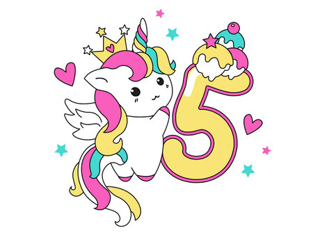 Cute unicorn collection in kawaii style with number five. Happy birthday concept for one month or one year. 
Vector illustration with a character for a greeting card, T-shirt, photo album, childhood, holidayのイラスト素材