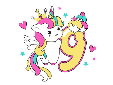 Cute unicorn collection in kawaii style with number nine. Happy birthday concept for one month or one year. 
Vector illustration with a character for a greeting card, T-shirt, photo album, childhood, holidayのイラスト素材