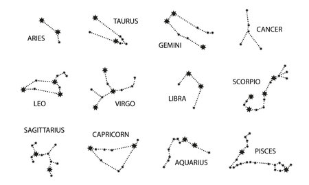 Zodiac Constellation. Sky map. Horoscope Symbol. Star Constellations of 12 Zodiac Signs. 
Vector illustration of Astrological signs for calendar, horoscope
isolated on a backgroundのイラスト素材