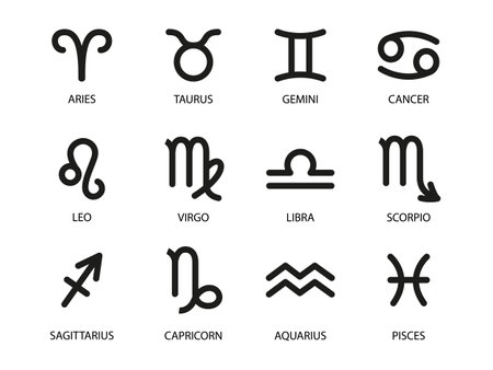 Horoscope Symbols. Star Constellations of 12 Zodiac Signs. Vector illustration of black Astrological signs 
for calendar, horoscope isolated on a backgroundのイラスト素材