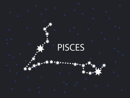 Pisces Horoscope Symbol. Zodiac Constellation with Stars. Night Sky map. Vector illustration of Astrological signs 
for calendar, horoscope isolated on a backgroundのイラスト素材