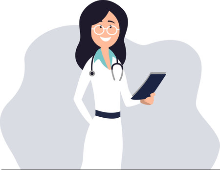 Vector illustration of a female doctor with stethoscope and tablet.のイラスト素材