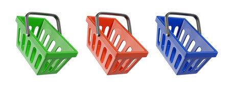 Set of empty Shopping Carts from a supermarket. Red Shopping Basket, green Shopping bag, blue shopping cart. 3d rendering of the icon on a transparent backgroundの写真素材