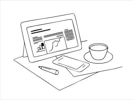 A tablet with news, a coffee mug, a pencil, and sheets of paper are on the table. black and white linear illustration for business, school, trade, sales.のイラスト素材