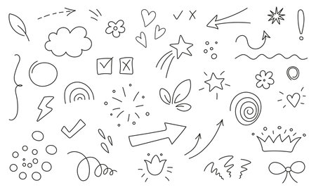 Hand drawn sketch doodle Cute line Rainbow, Crown, Cloud, Leaf, Spiral, Flower, Bow, Bracket, Lightning, Droplet, Heart, Check mark, Arrows, Direction element icon set. Vector.のイラスト素材