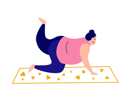 Inclusive, Active fat people. Woman exercising at the gym, yoga, outdoors, and at home. Meditates, Pilates, Stretching. Healthy lifestyle. Vector flat illustration.のイラスト素材