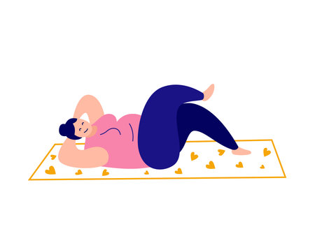Inclusive, Active fat people. Woman exercising at the gym, yoga, outdoors, and at home. Meditates, Pilates, Stretching. Healthy lifestyle. Vector flat illustrationのイラスト素材
