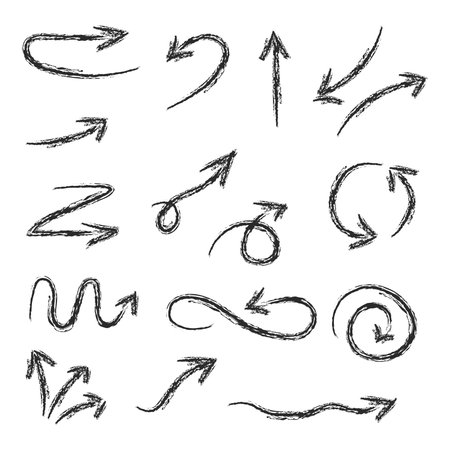 Hand-drawn chalk arrow brushes doodle. sketchy, rough, playful. curved, straight, looped, and circular arrows. Vector illustration. for infographics, presentations, planners.のイラスト素材