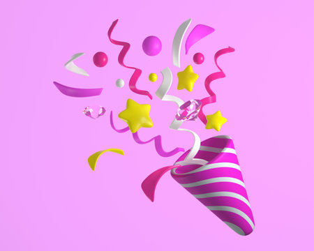 3d Celebratory Popper Explosion with Confetti, Ribbons, and Stars. Pink and white firecracker explodes with serpentine and diamonds for Birthday, girl, children, babies. 3d renderの写真素材