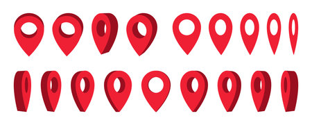 Vector icon of Red Map Pin and Geolocation Marker for Navigation Apps, Maps, GPS, and Location services. Flat. Location pin. GPS pins from various angels. Vectorのイラスト素材