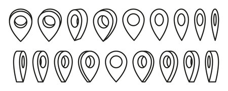 Vector icon of a Map Pin and Geolocation Marker for Navigation Apps, Maps, GPS, and Location services. Flat. Location pin. GPS pins from various angels. Line icons, Vectorのイラスト素材