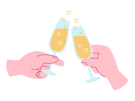 A Human Cartoon Hands Holding a Champagne flute and Making Toasts. Celebrating Christmas or New Year's or Friday party or Summer aperitif. Vector illustration in Flat Cartoon styleのイラスト素材