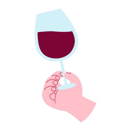 A Human Cartoon Hand Holding a Wine glass. Celebrating Christmas or New Year's or Friday party or Summer aperitif. Vector illustration in Flat Cartoon styleのイラスト素材