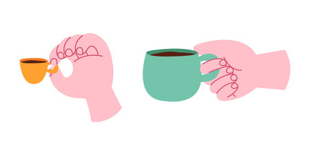 Set of Human Hands Holding a Coffee Cups. Vector illustration in flat Cartoon styleのイラスト素材